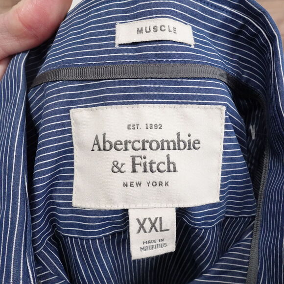 ABERCROMBIE & FITCH MUSCLE FIT BLUE STRIPED BUTTON DOWN SHIRT MENS 2XL XXL - Picture 6 of 7